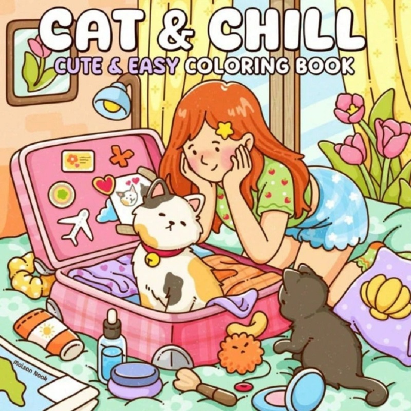 Adult Coloring Book Stress Relief - Katze und Mädchen, süßes, einfaches Malbuch