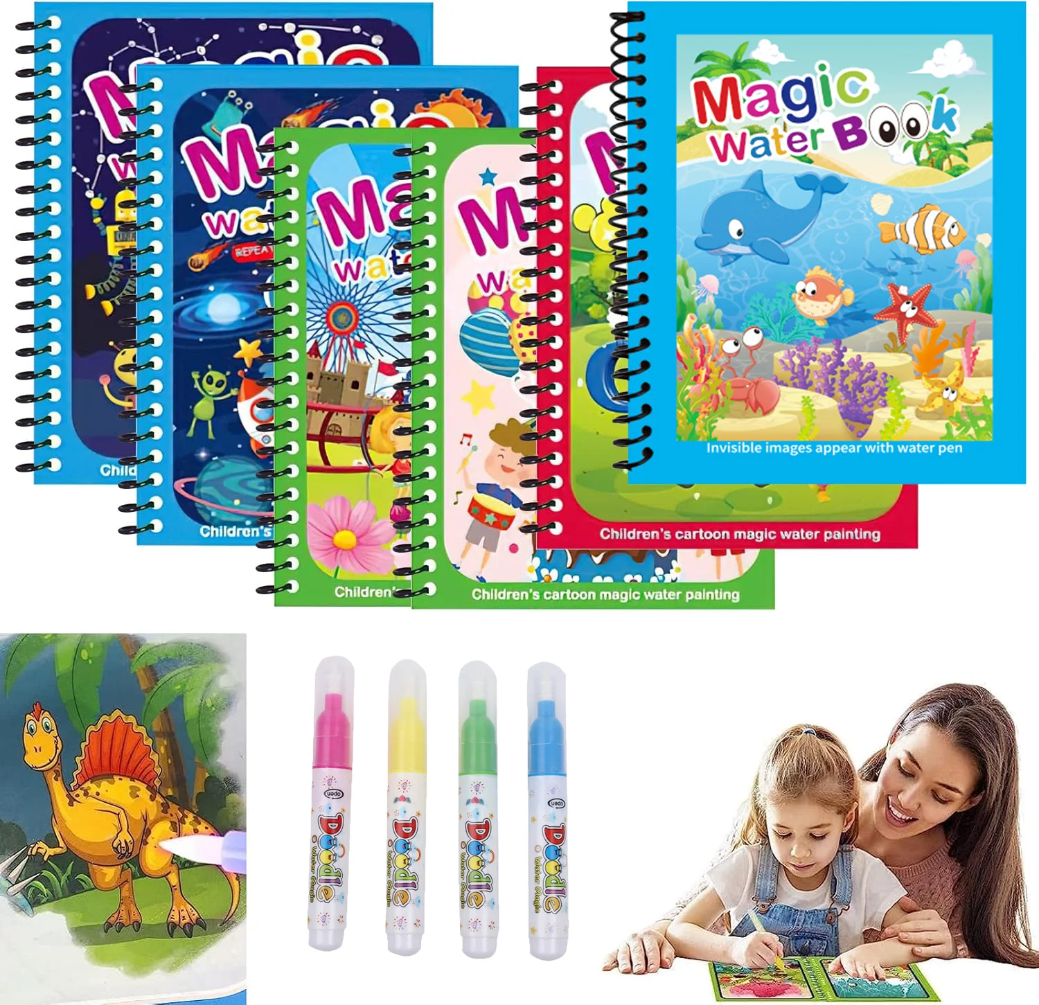 Reusable Water Magic Coloring Book - Wiederverwendbares Malbuch mit Wasserstift für Kinder,